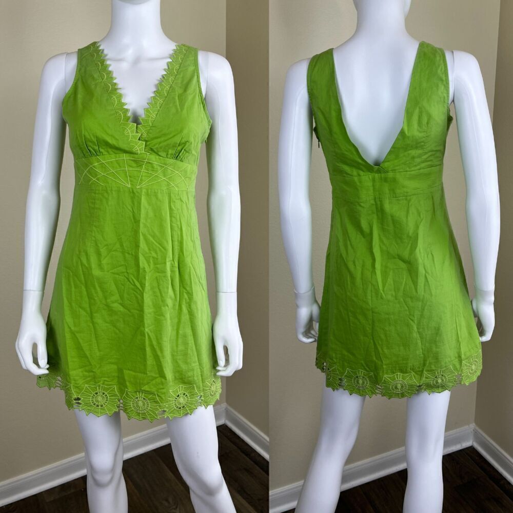 Minuet Women's Size S Green Floral Embroidered Scallop Mini NEW A Line Dress Y2K